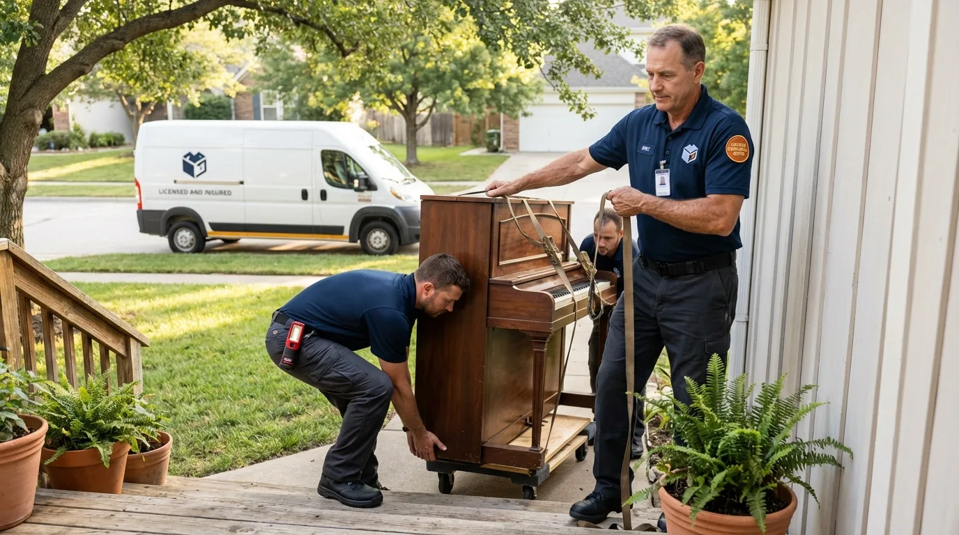 Licensed piano movers securing grand piano in Hickory Hills, IL