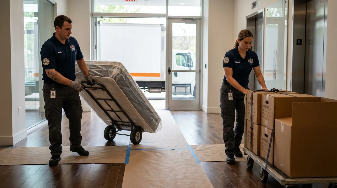 Professional apartment movers loading elevator in Hickory Hills, IL