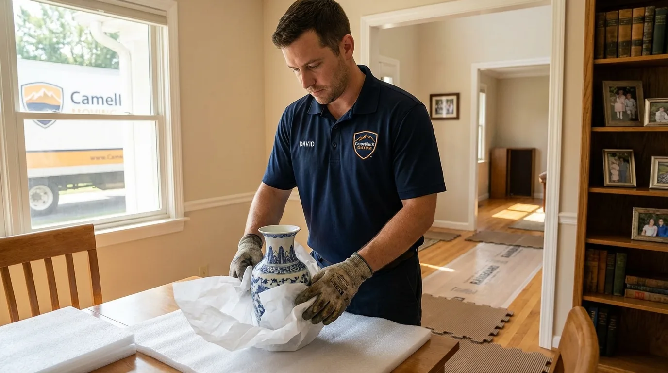 Professional crew carefully wrapping antique vase for senior downsizing move in Hickory Hills, IL